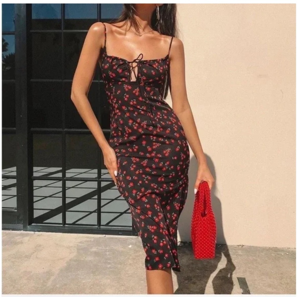 Princess Polly Black and Red Floral Midi Dress